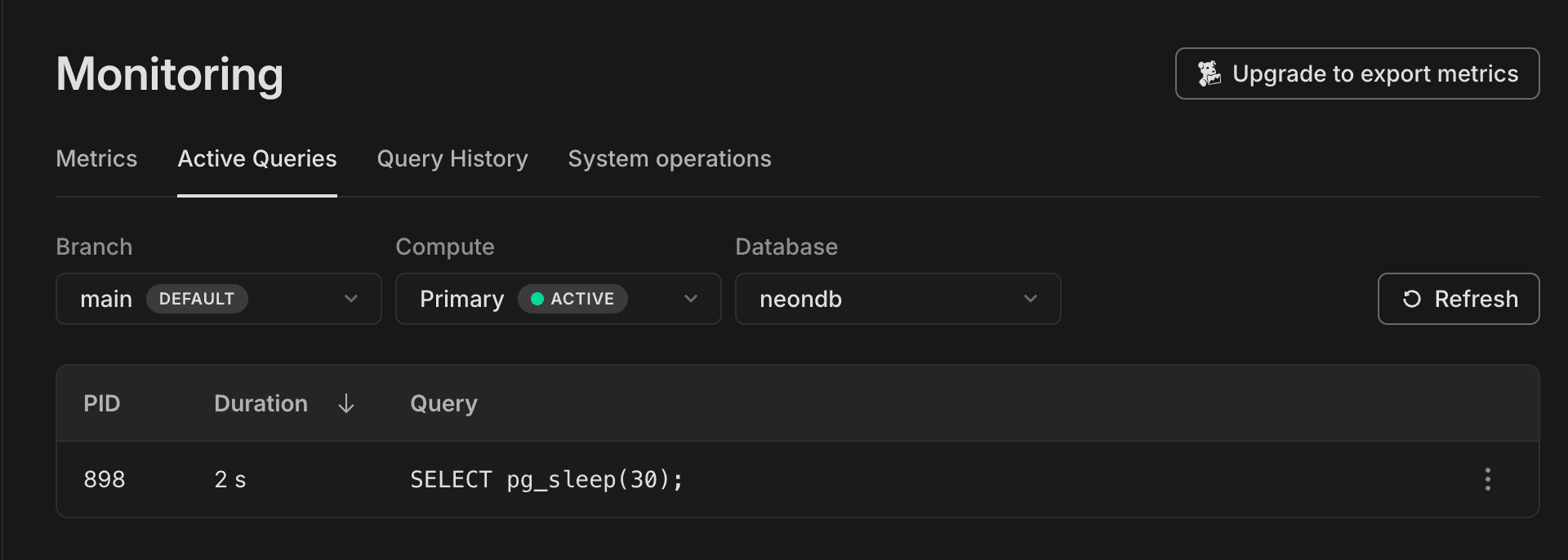 Neon active queries tab