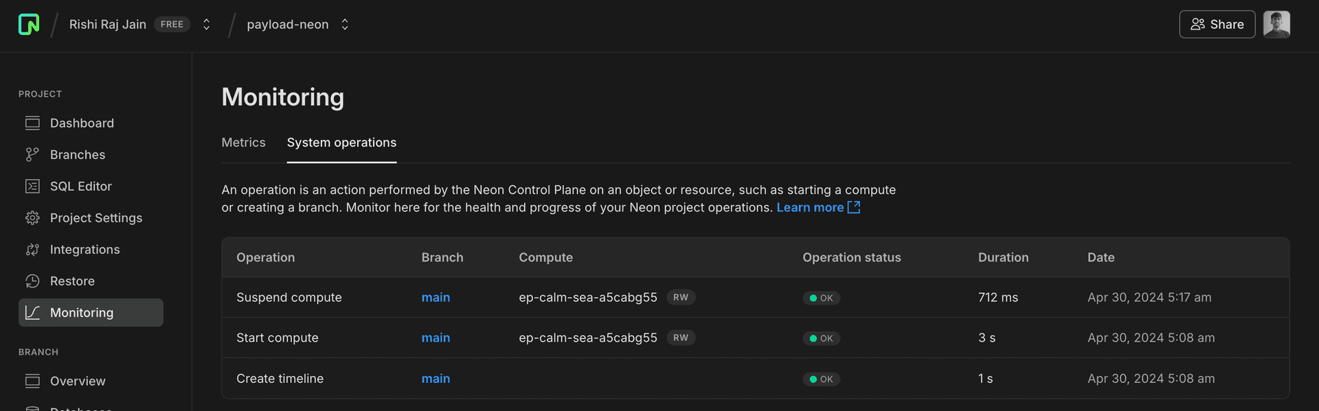 Neon Monitoring page